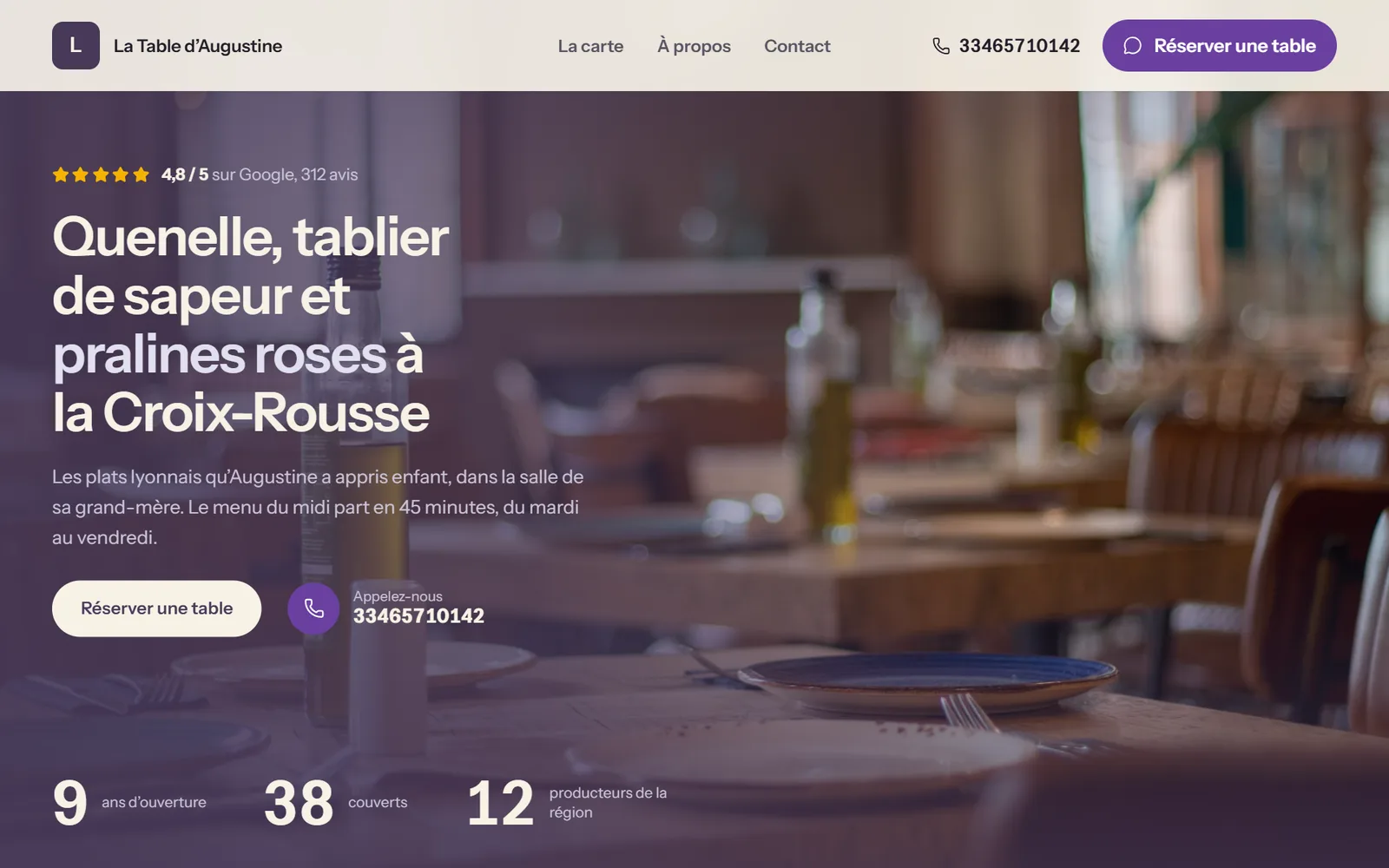 La page d’accueil de La Table d’Augustine, un site créé par BeeVitrine