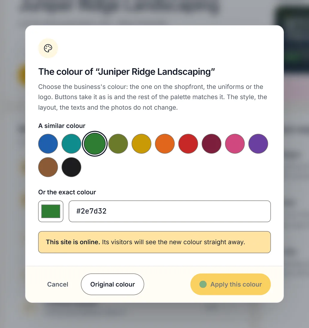 Choosing the business’s color, applied to the whole site