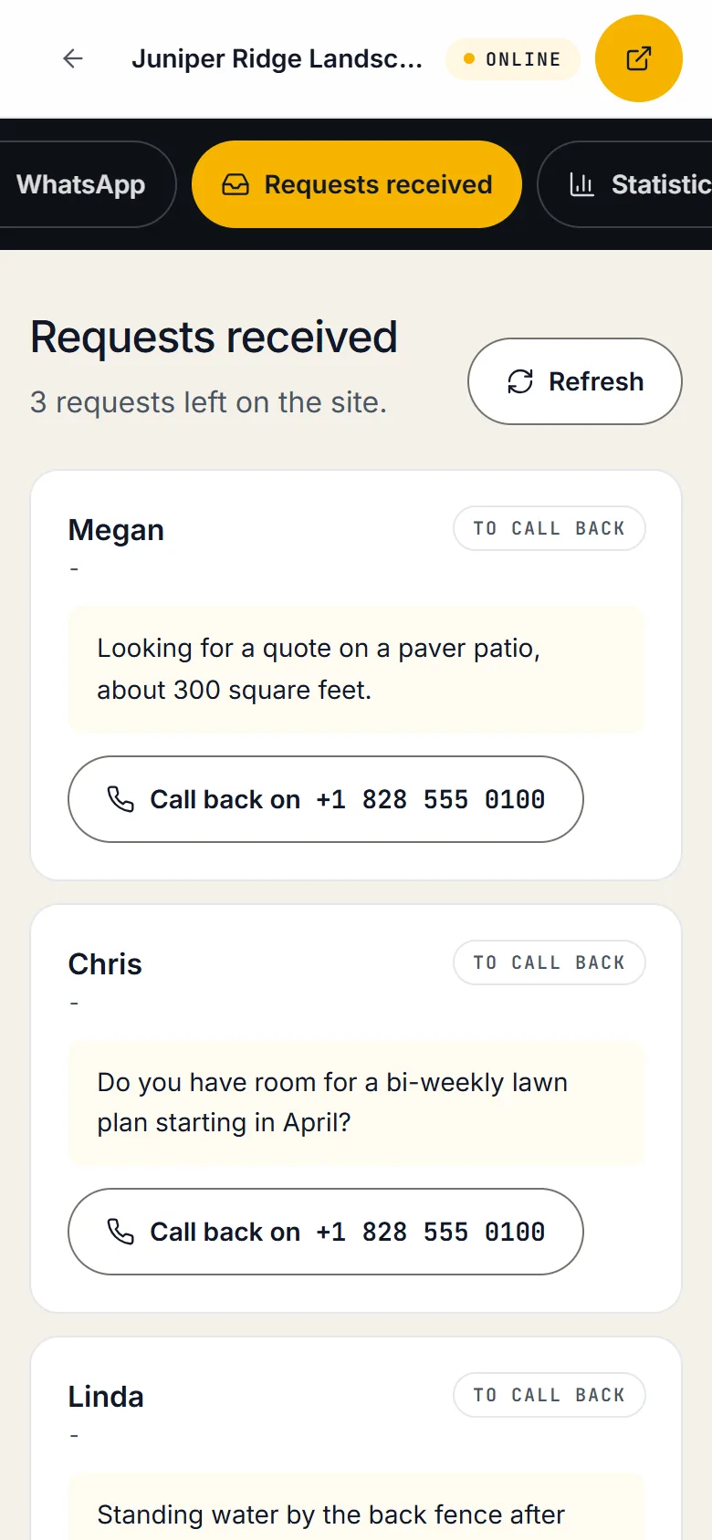 The requests received by a garage’s site, on a phone