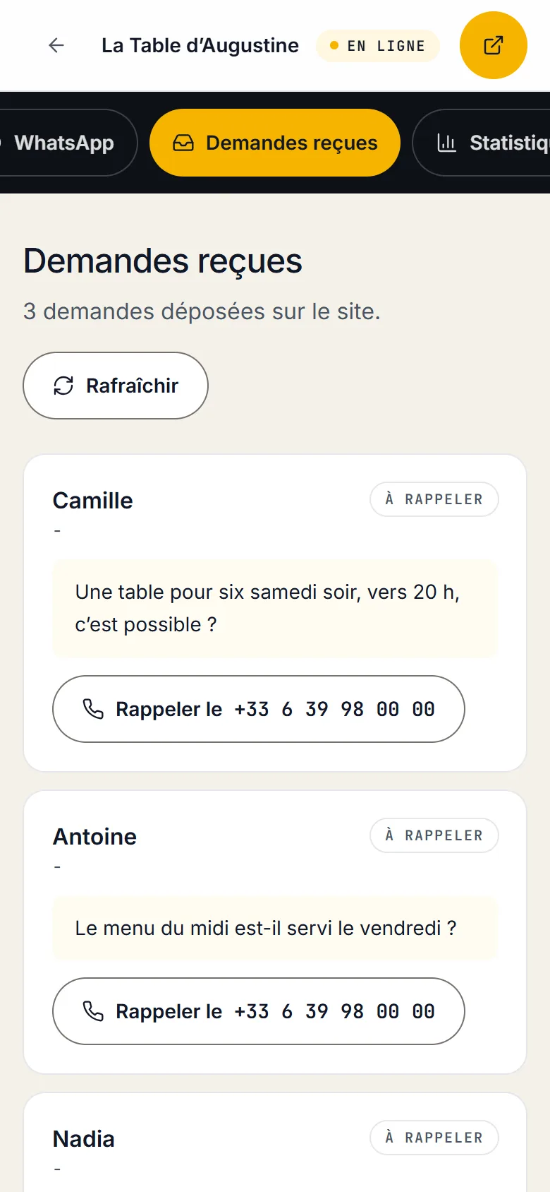 Les demandes reçues par le site d’un garage, sur téléphone