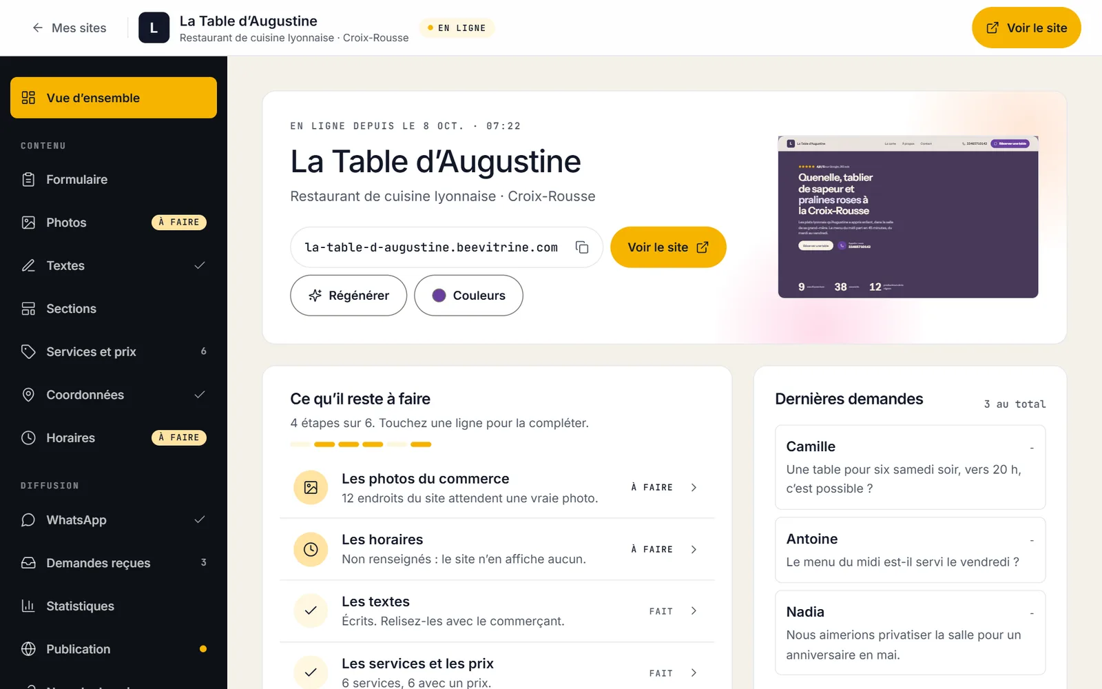 L’espace d’un site dans BeeVitrine : où en est le site, et ce qu’il reste à faire