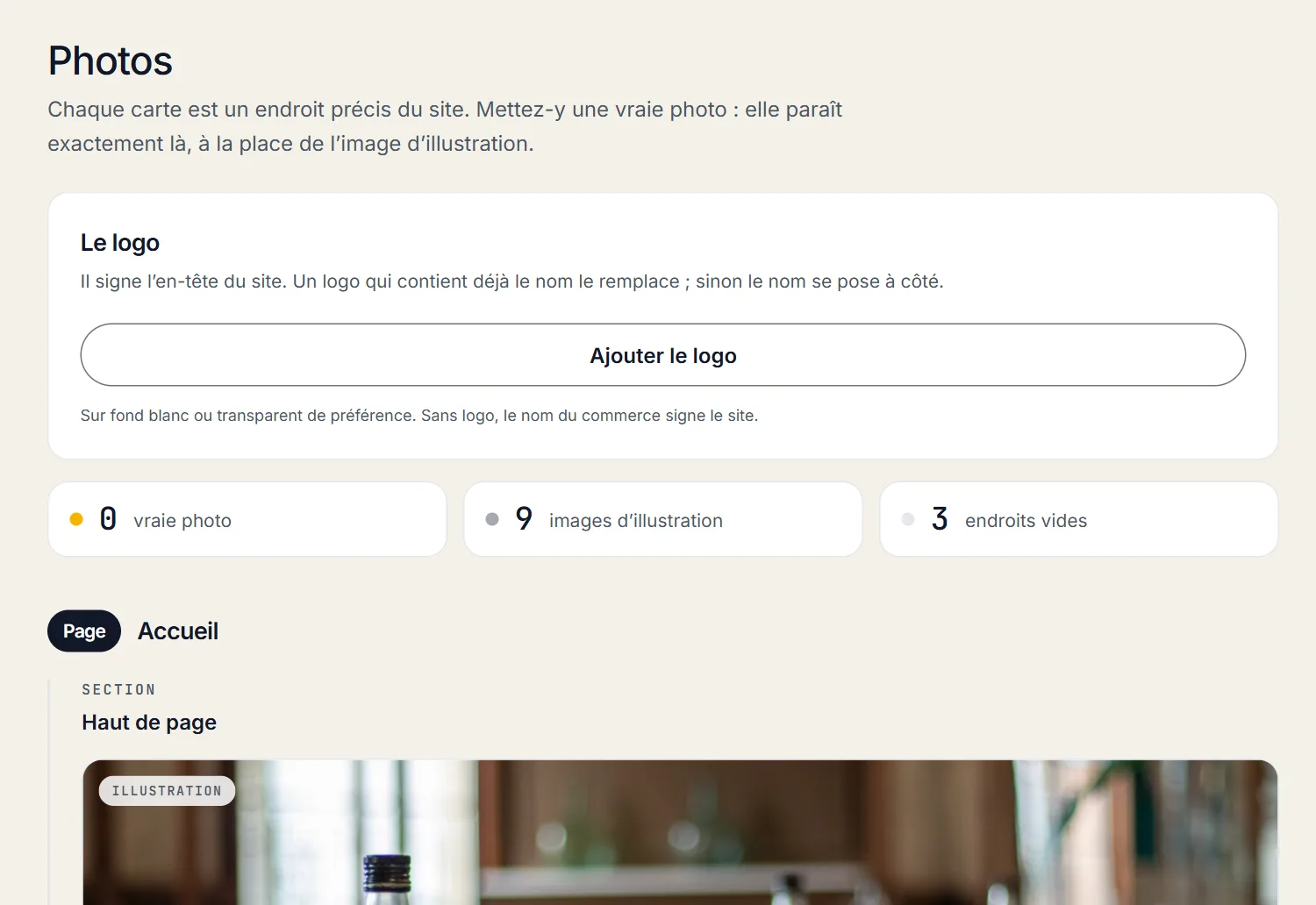 Les photos d’un restaurant, placée chacune à un endroit précis du site