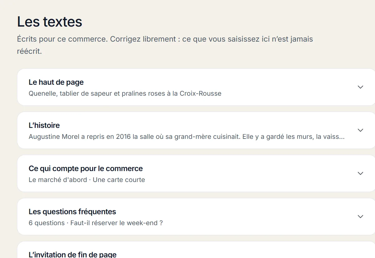 Les textes d’un site, écrits pour un salon de coiffure, modifiables un par un