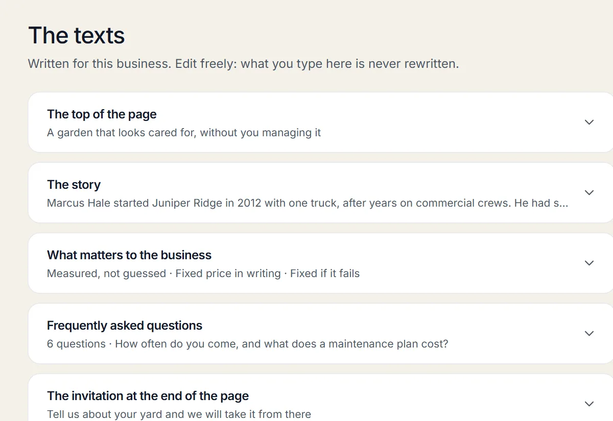 A site’s texts, written for a hair salon, editable one by one