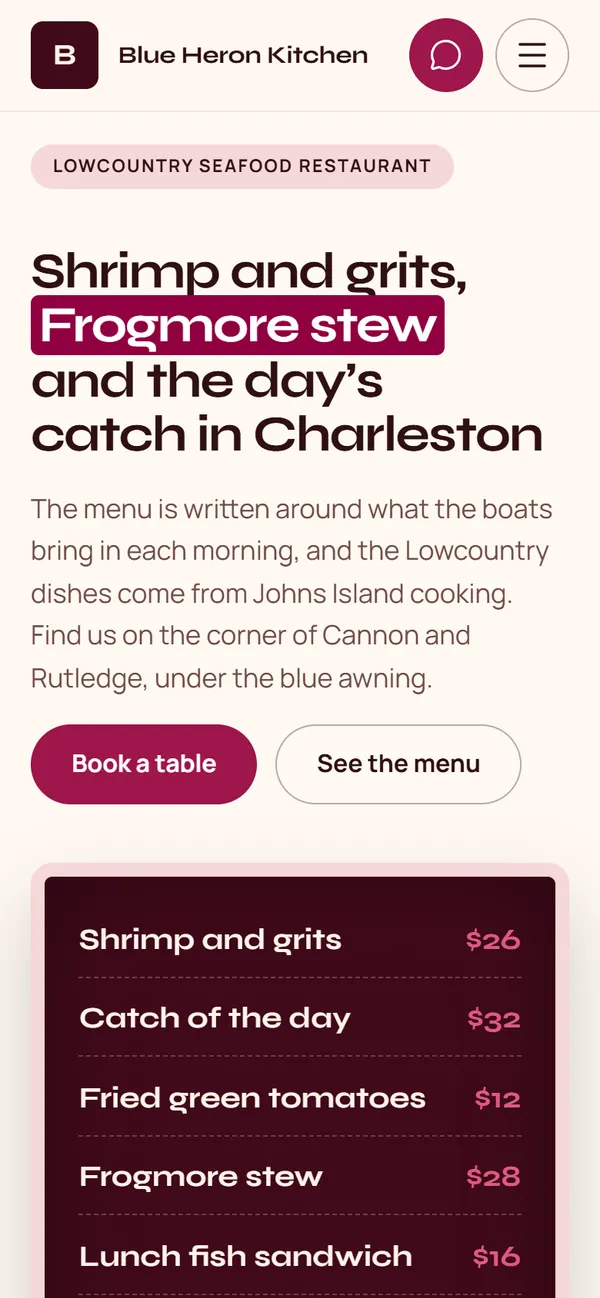 The first screen of Blue Heron Kitchen on phone