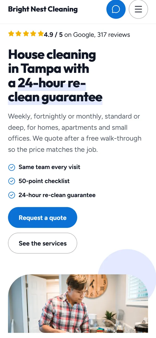 The first screen of Bright Nest Cleaning on phone