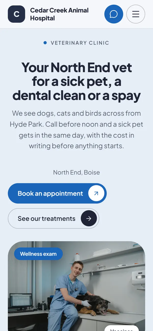 The first screen of Cedar Creek Animal Hospital on phone