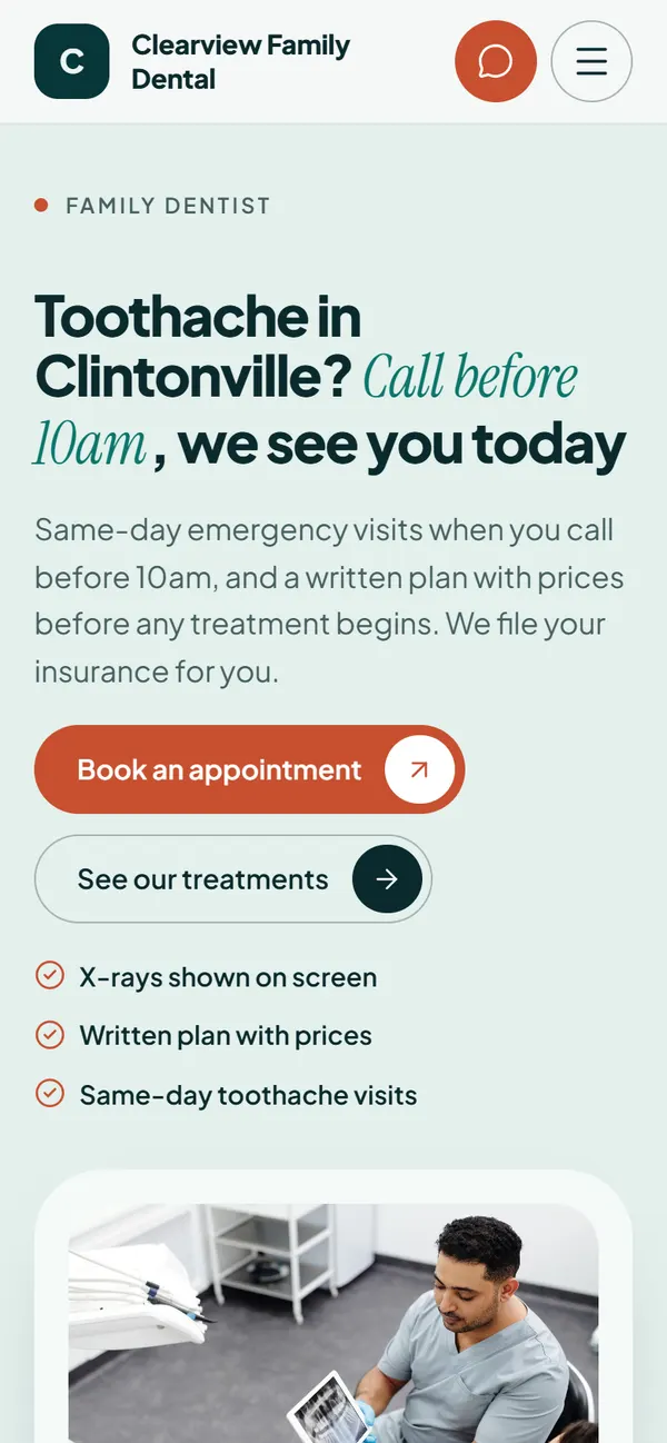 The first screen of Clearview Family Dental on phone