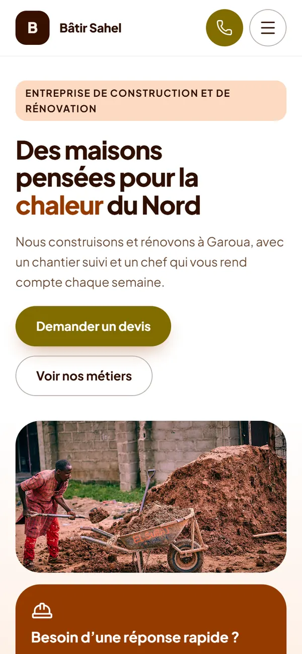 Le premier écran de Bâtir Sahel sur téléphone