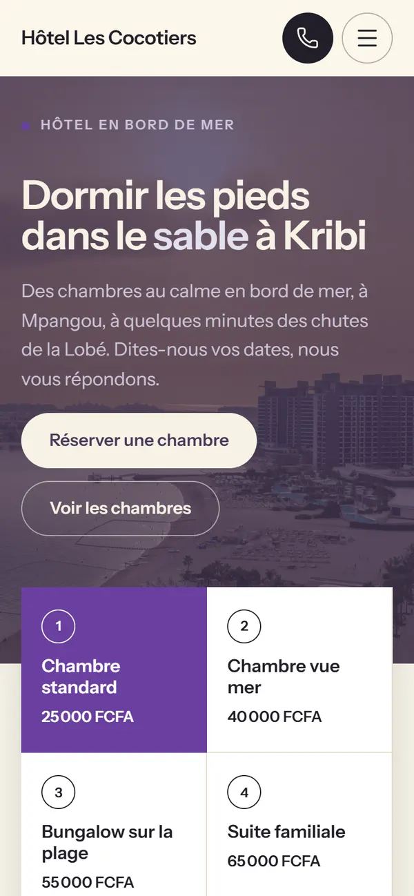 Le premier écran de Hôtel Les Cocotiers sur téléphone