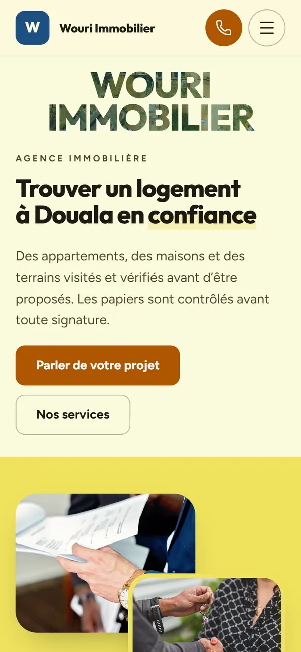 Le premier écran de Wouri Immobilier sur téléphone