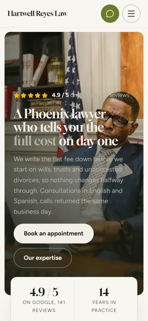 The first screen of Hartwell Reyes Law on phone