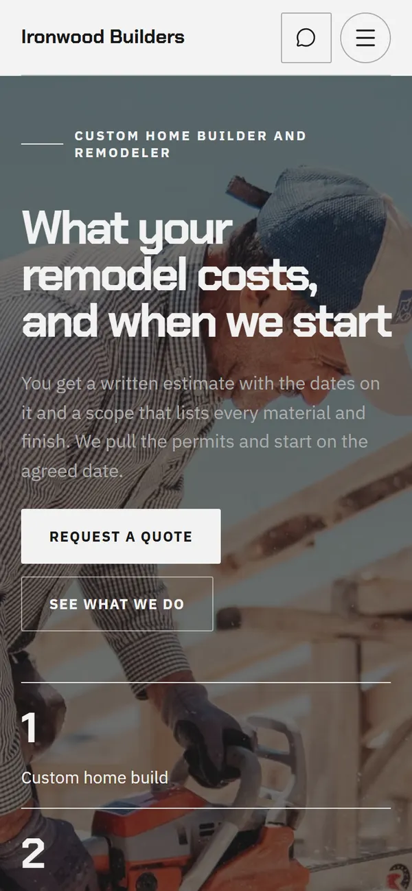The first screen of Ironwood Builders on phone