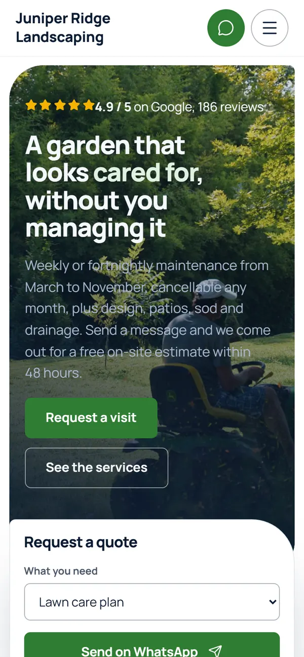 The first screen of Juniper Ridge Landscaping on phone