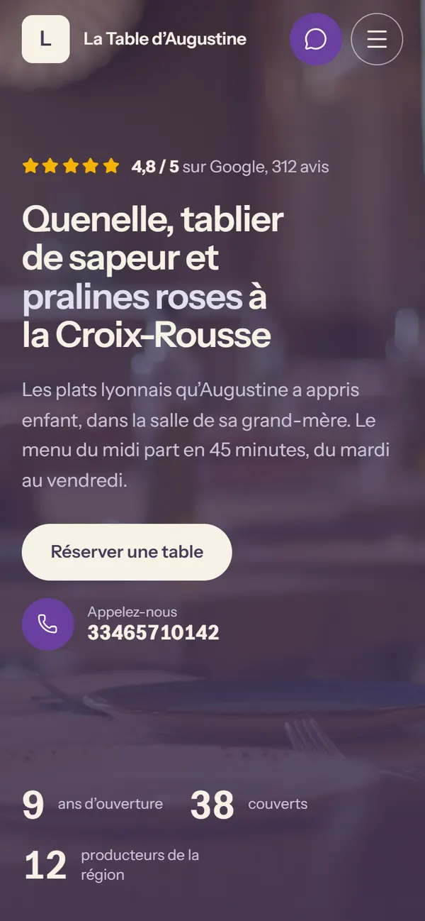 Le premier écran de La Table d’Augustine sur téléphone