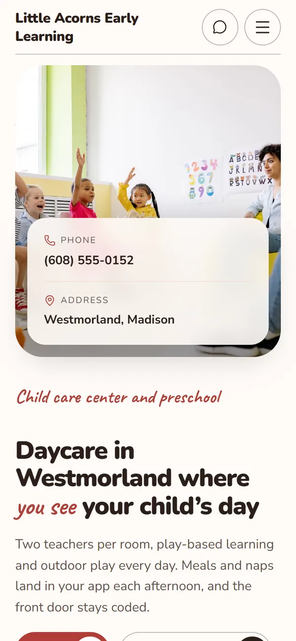 The first screen of Little Acorns Early Learning on phone