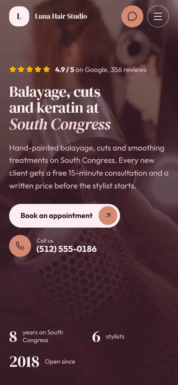 The first screen of Luna Hair Studio on phone
