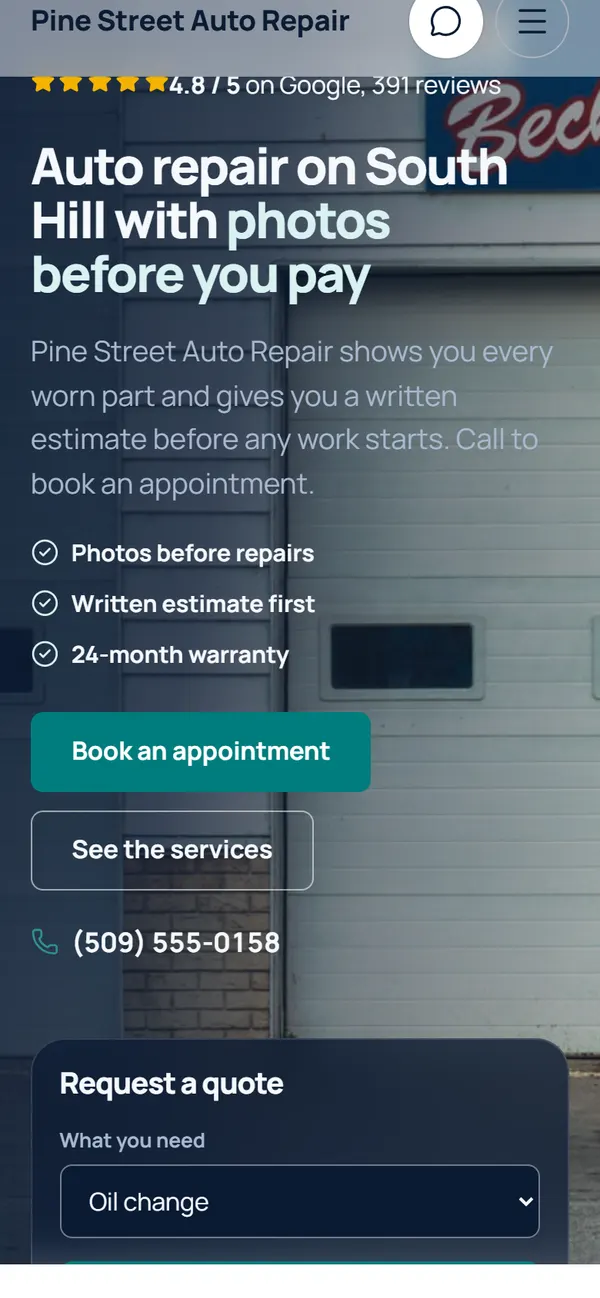 The first screen of Pine Street Auto Repair on phone