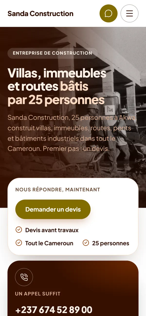 Le premier écran de Sanda Construction sur téléphone