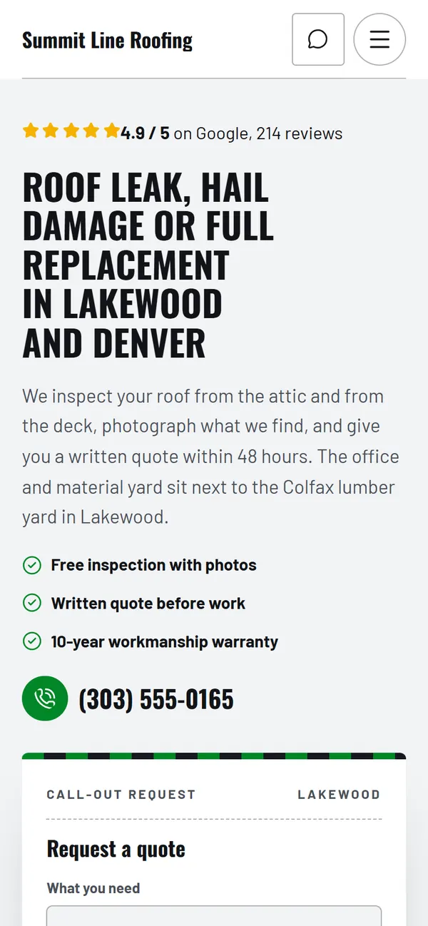 The first screen of Summit Line Roofing on phone